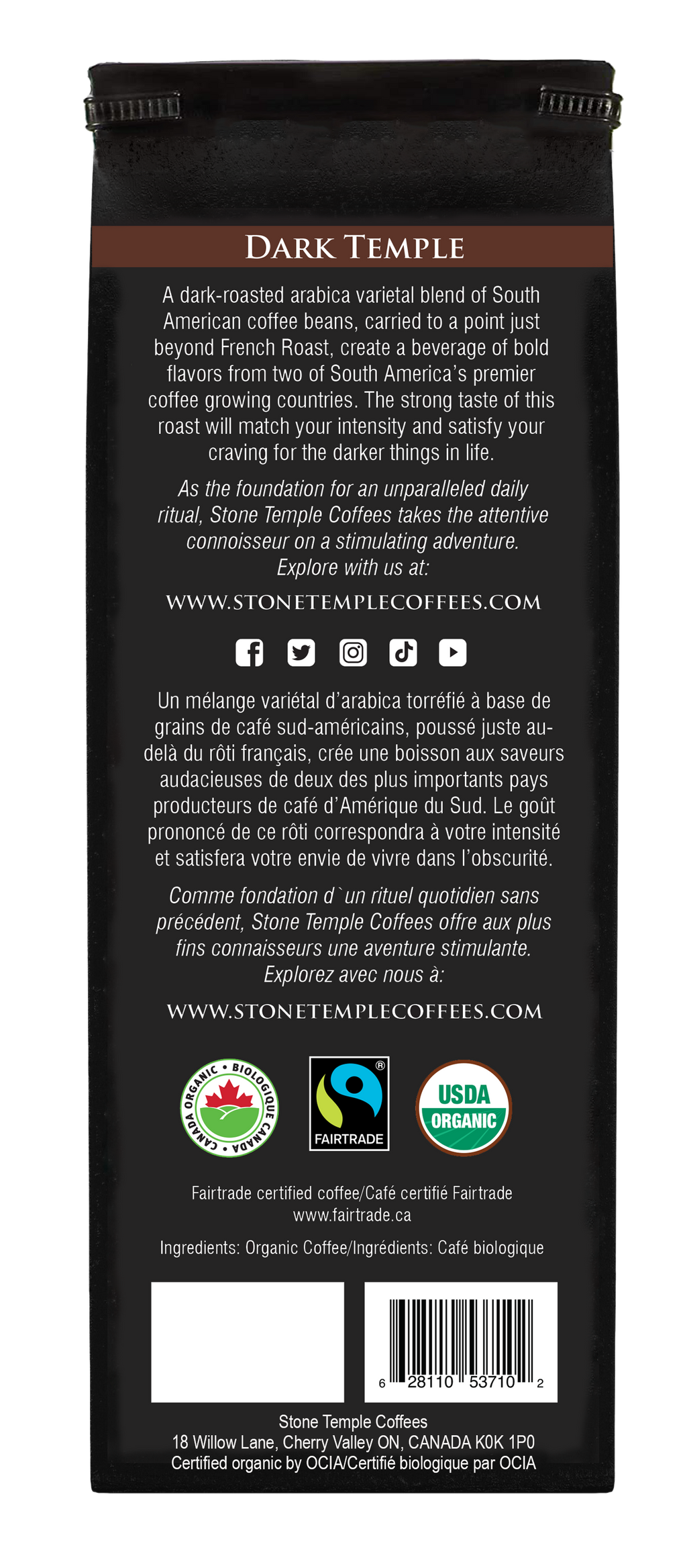 Dark Temple - Torréfaction française foncée, Certifié biologique OCIA/ Café équitable 1lb/ 454g