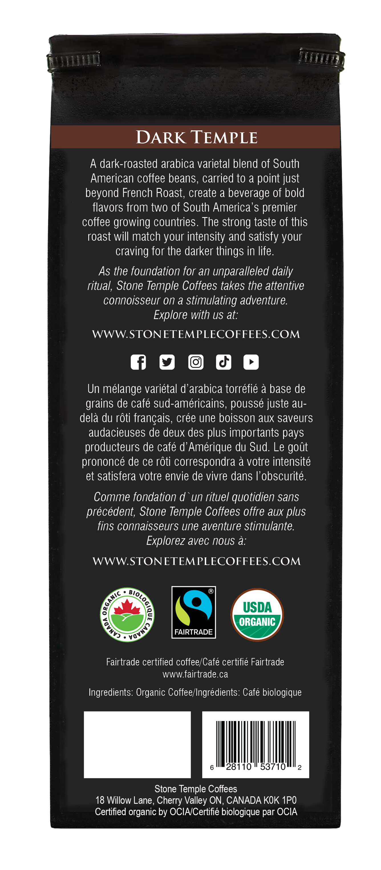 Dark Temple - Torréfaction française foncée, Certifié biologique OCIA/ Café équitable 1lb/ 454g
