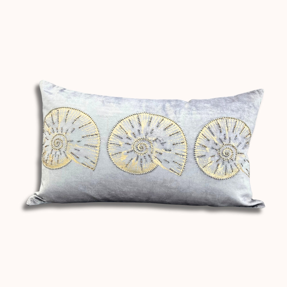 14x22" Velvet Lumbar Pillow – Golden Shell Embroidery, Silk Back, Designer Accent