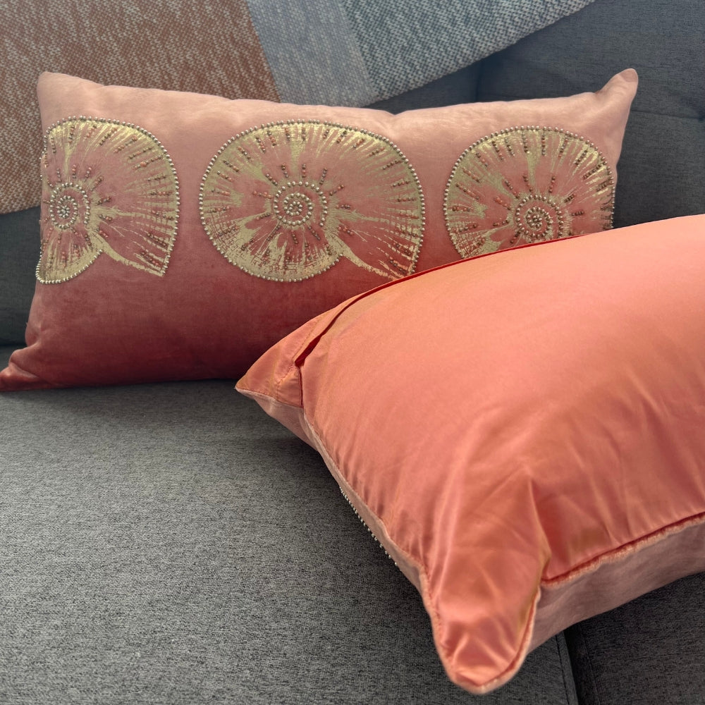14x22" Velvet Lumbar Pillow – Golden Shell Embroidery, Silk Back, Designer Accent