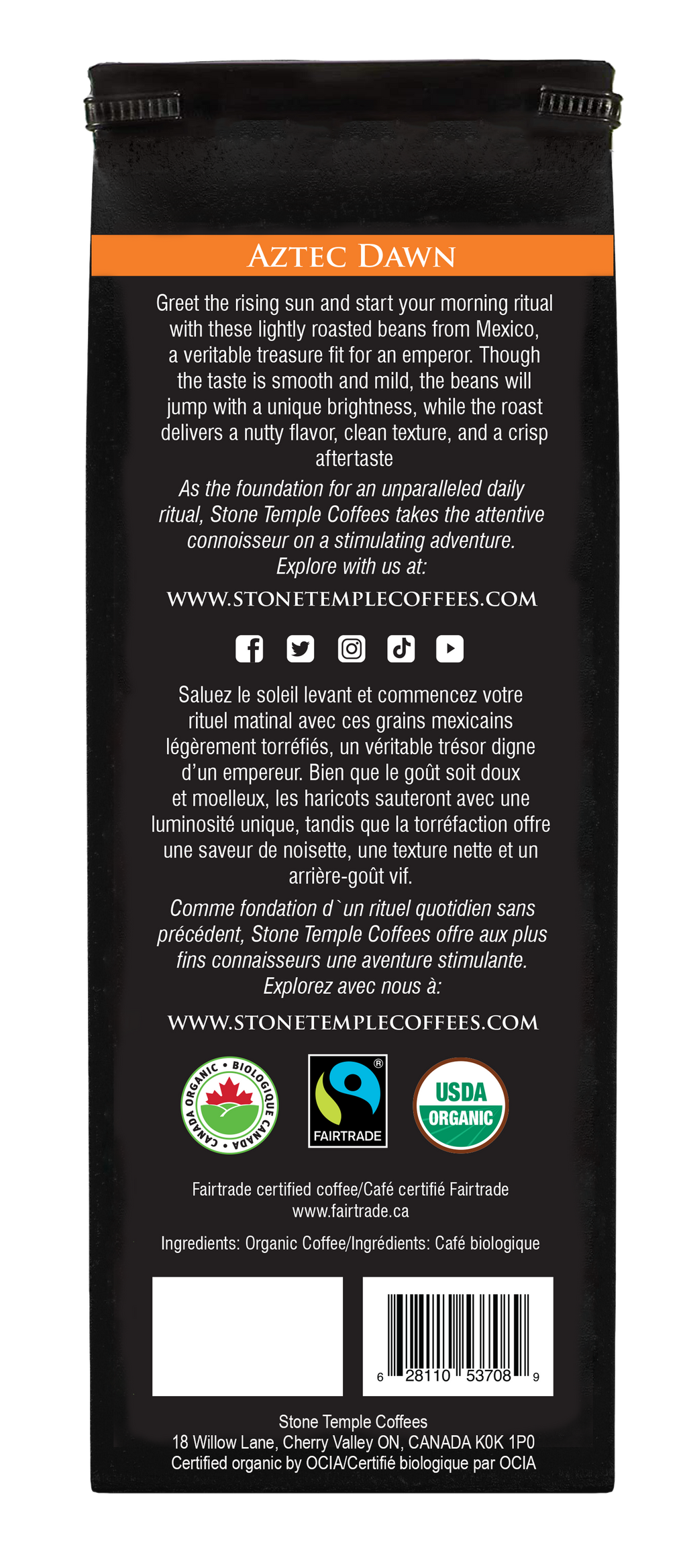 Aztec Dawn - Ground, Light Roast, Certified Organic OCIA/ Fairtrade Coffee 1lb/454g