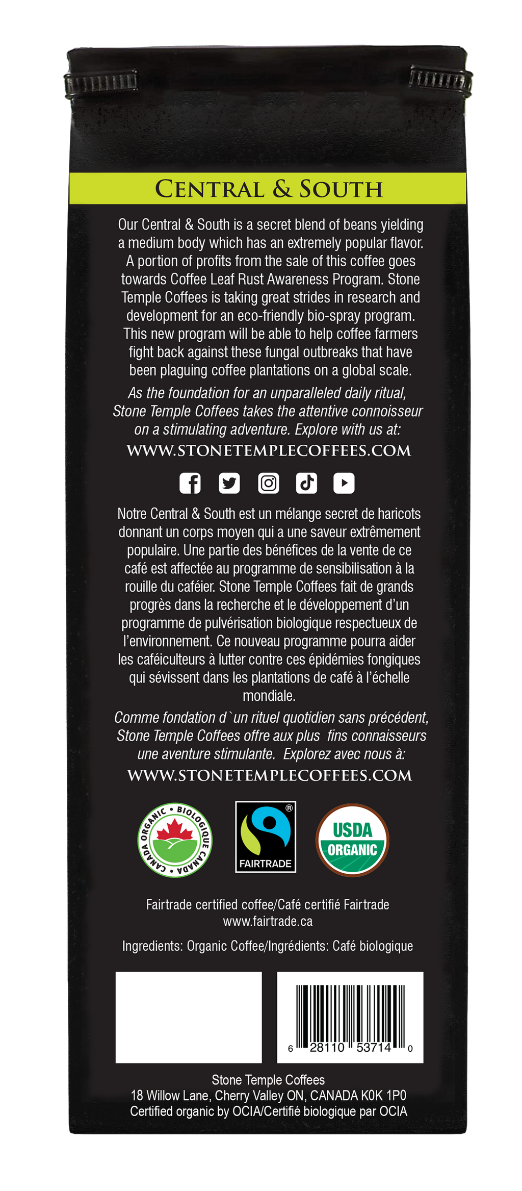 Amérique centrale et du Sud - Grains entiers, Torréfaction moyenne, Certifié Biologique OCIA/Commerce Équitable 454g