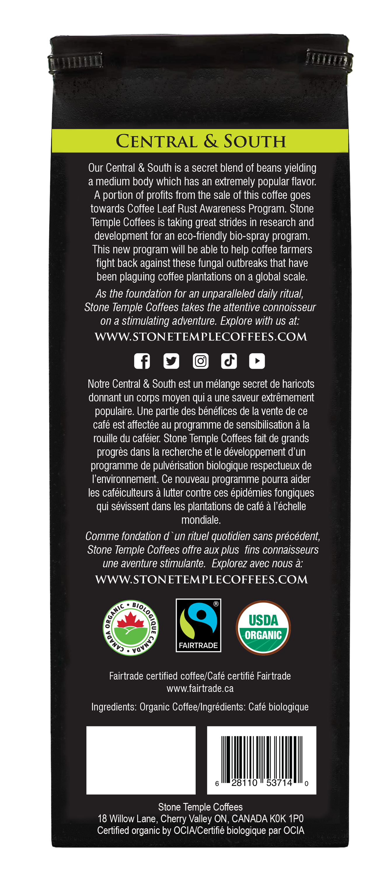 Amérique centrale et du Sud - Grains entiers, Torréfaction moyenne, Certifié Biologique OCIA/Commerce Équitable 454g