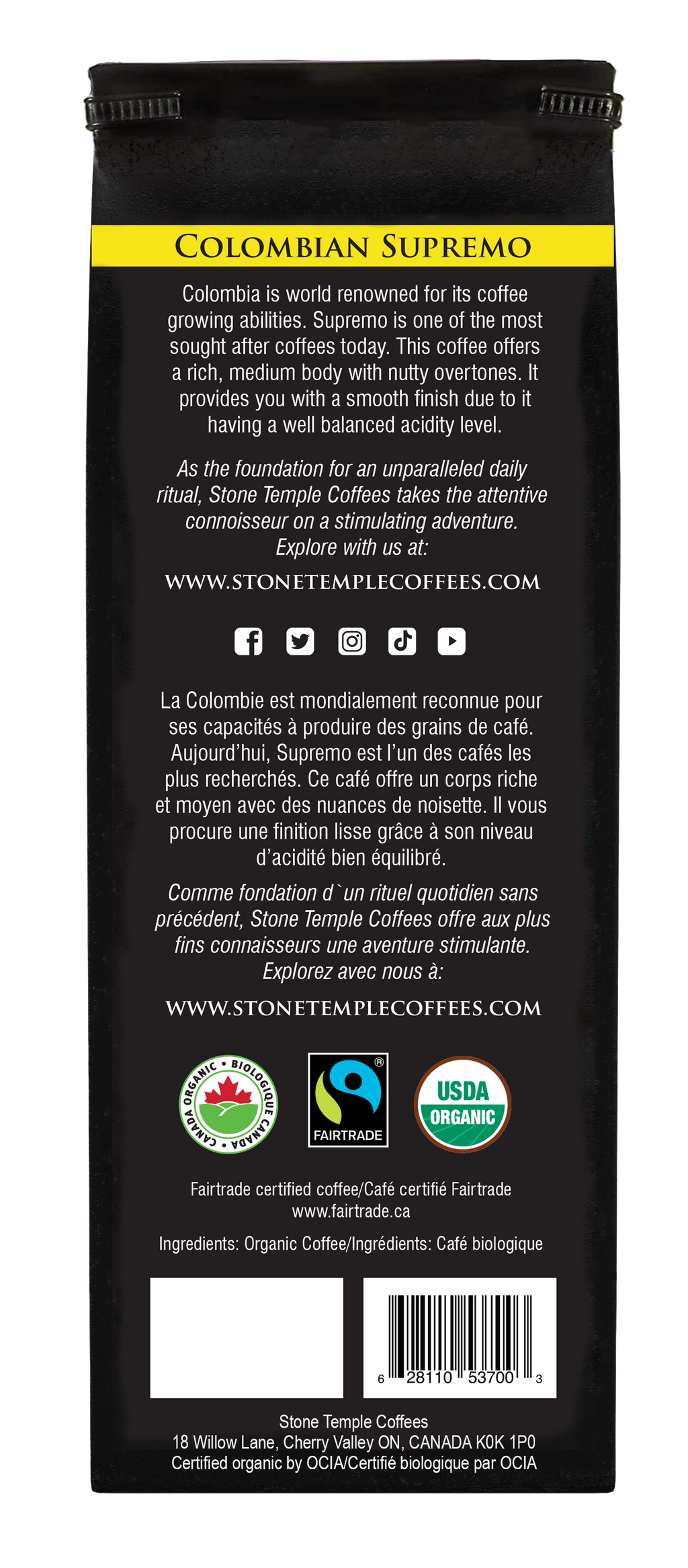 Colombian Supremo - Ground, Medium Roast, Certified Organic OCIA/ Fairtrade Coffee 1lb/454g