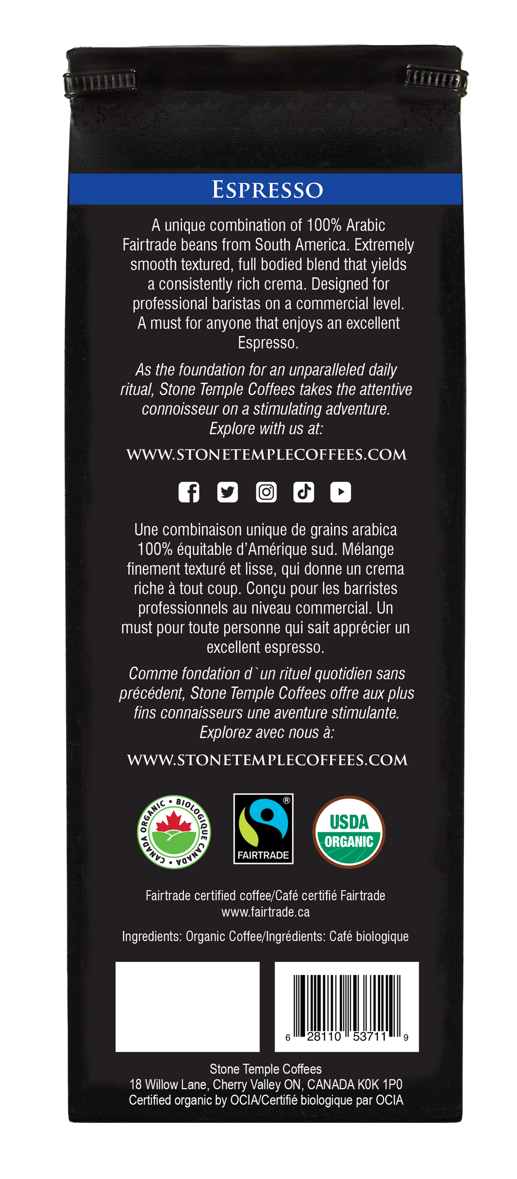 Espresso - Ground, Espresso Roast, Certified Organic OCIA/ Fairtrade Coffee 1lb/454g