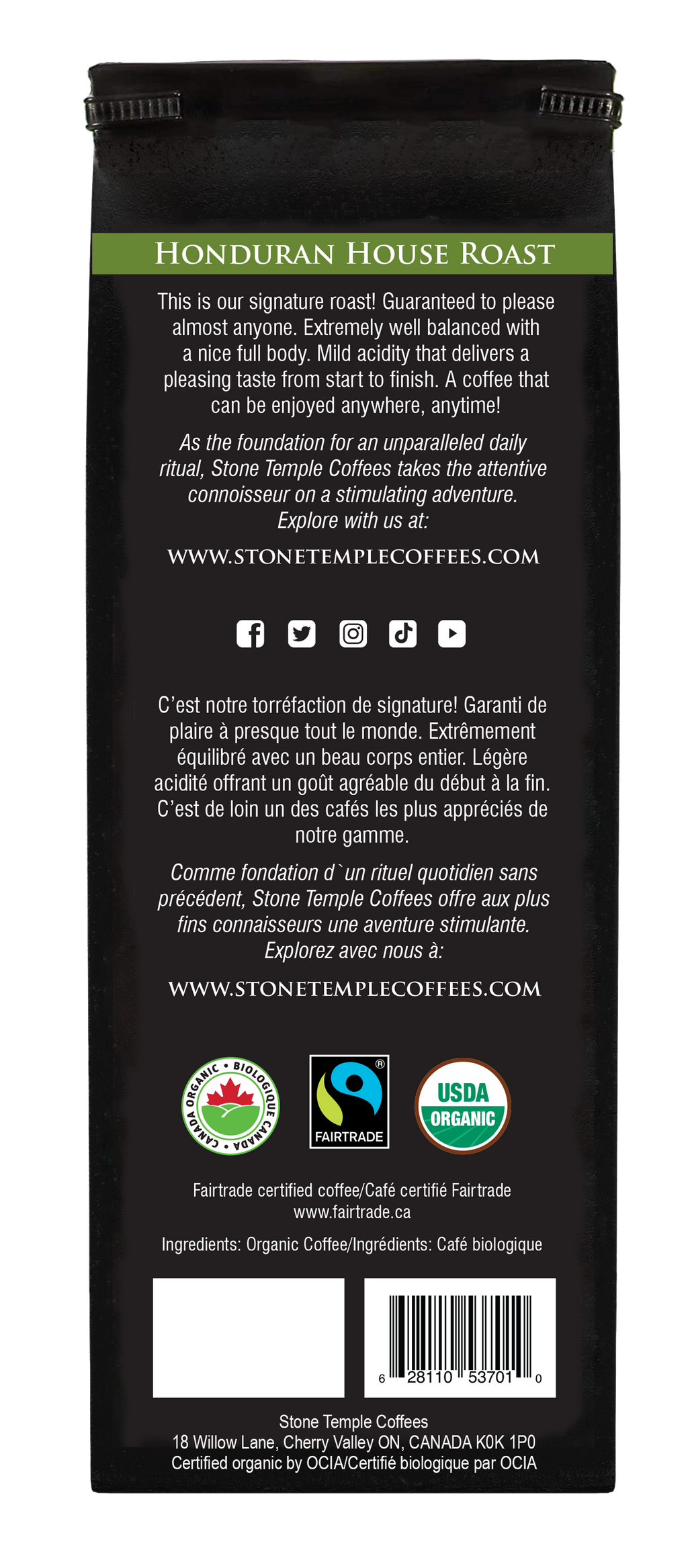 Honduran House Roast - Whole Bean, Medium Roast, Certified Organic OCIA/ Fairtrade Coffee 1lb/454g