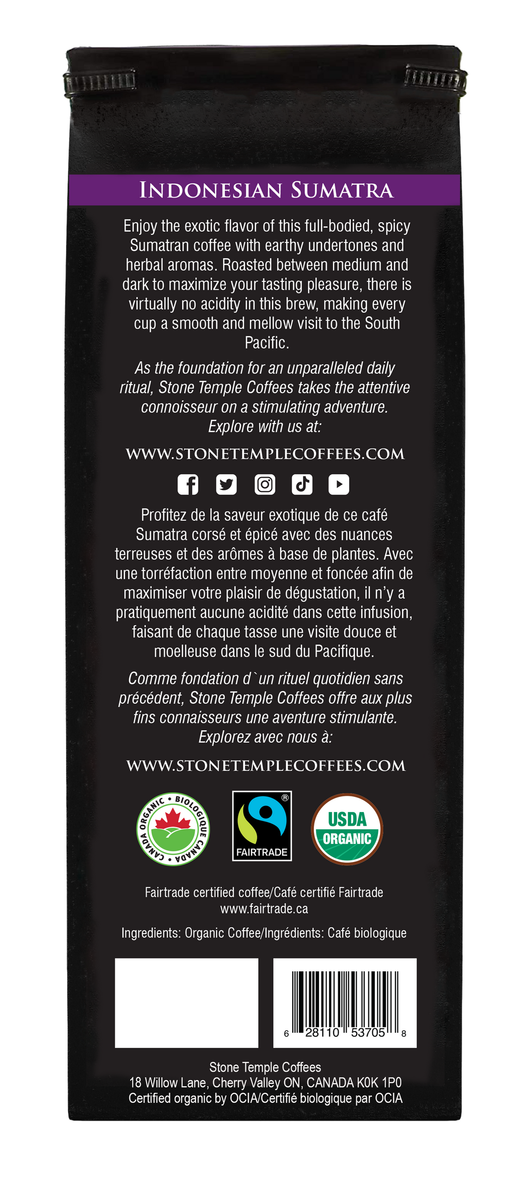 Indonesian Sumatra - Whole Bean, Medium Roast, Certified Organic OCIA/ Fairtrade Coffee, 1lb/454g