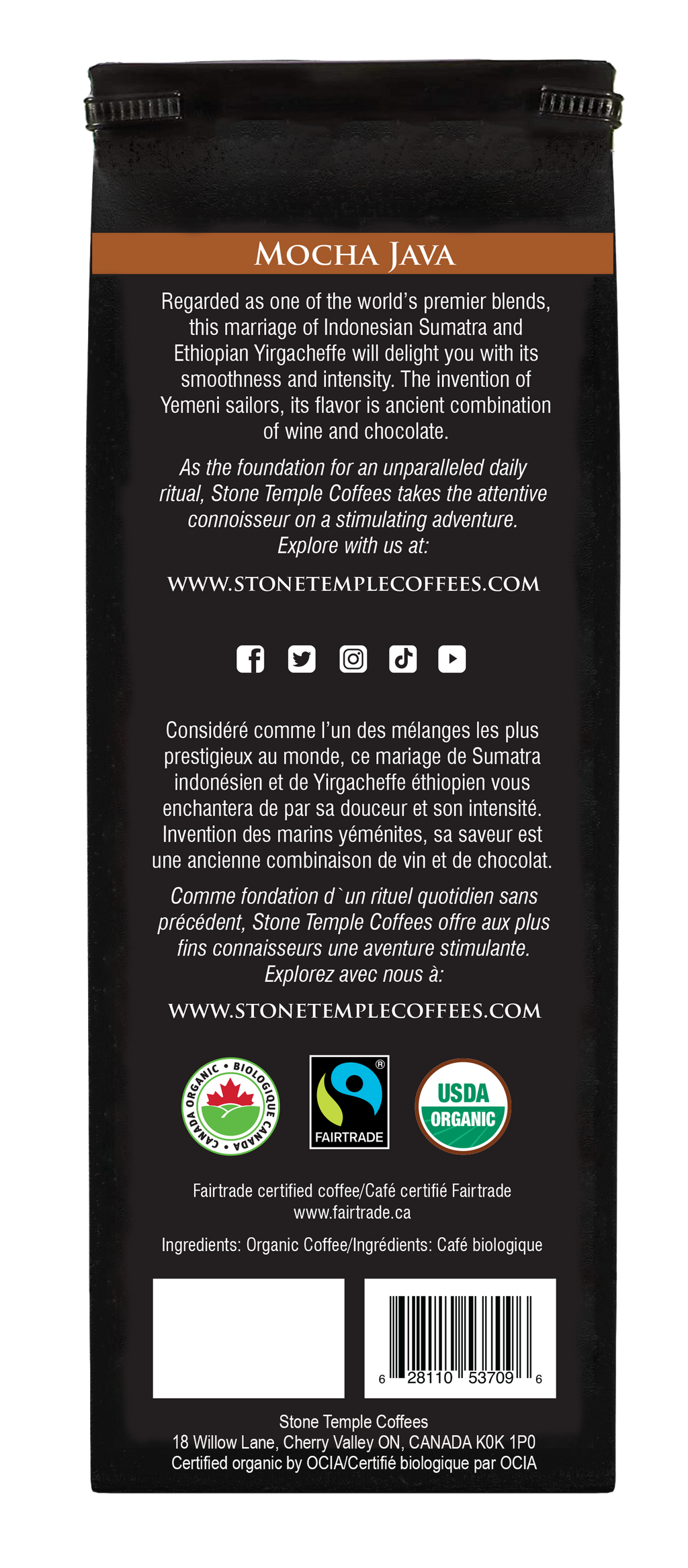 Mocha Java - Ground, Medium Roast, Certified Organic OCIA/ Fairtrade Coffee 1lb/454g