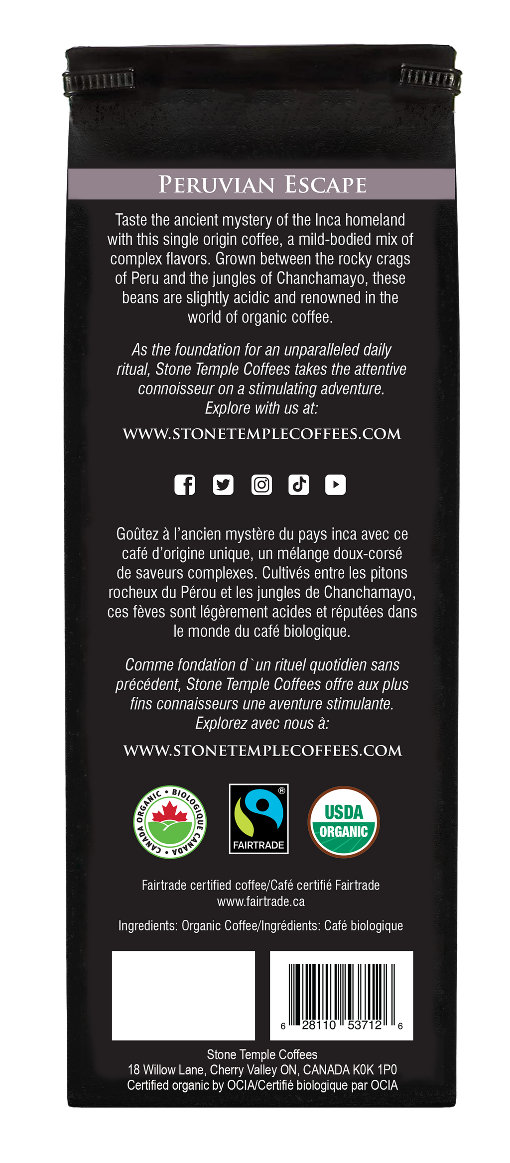 Peruvian Escape - Ground, Medium Roast, Certified Organic OCIA/ Fairtrade Coffee 1lb/454g