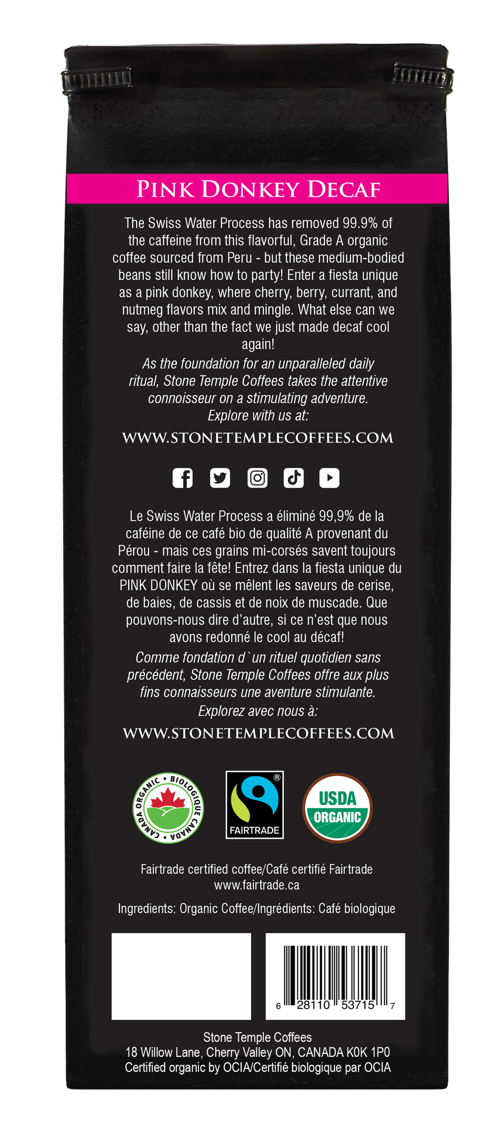 Pink Donkey Decaf - Whole Bean, Medium Roast, Certified Organic OCIA/ Fairtrade Coffee 1lb/454g