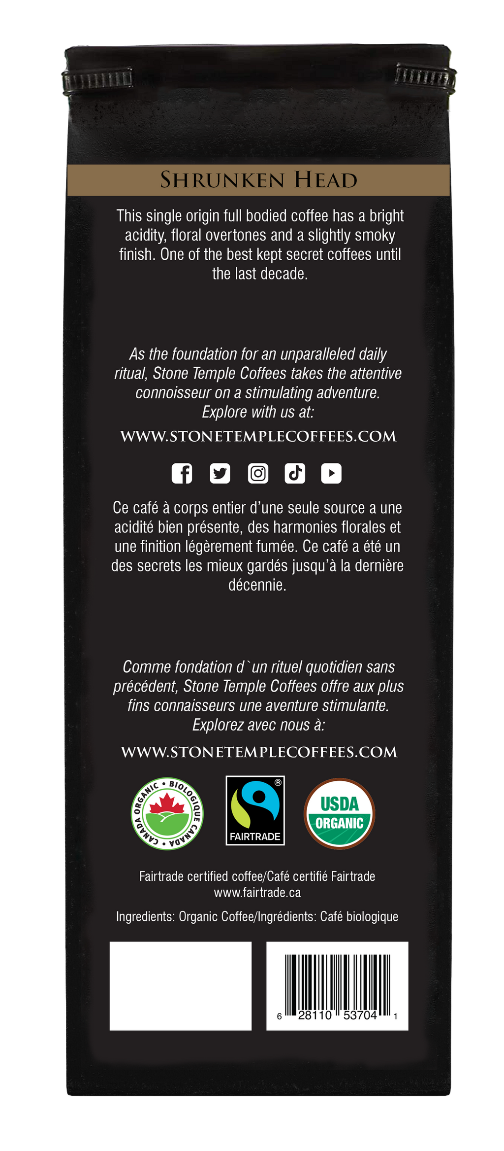 Tête Réduite - Grains entiers, Torréfaction moyenne intense, Café certifié biologique OCIA/Équitable 454g