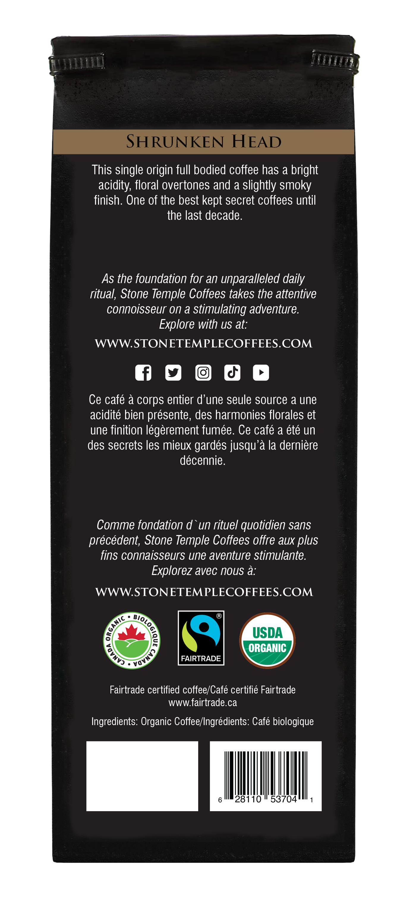 Shrunken Head - Whole Bean, Bold Medium Roast, Certified Organic OCIA/ Fairtrade Coffee 1lb/454g