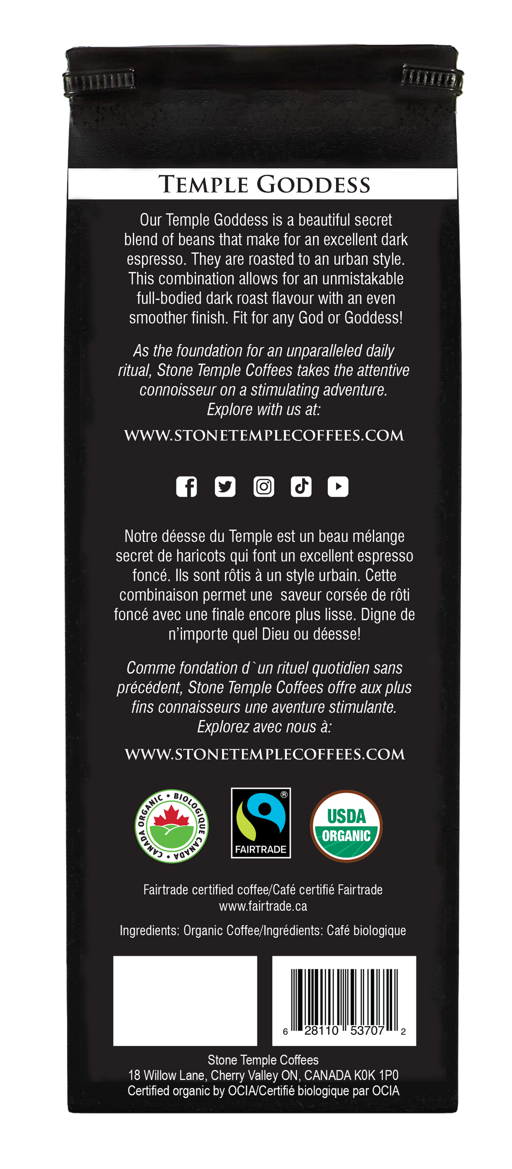 Temple Goddess - Moulu, Expresso Foncé, Café Certifié Biologique OCIA/Commerce Équitable 454g